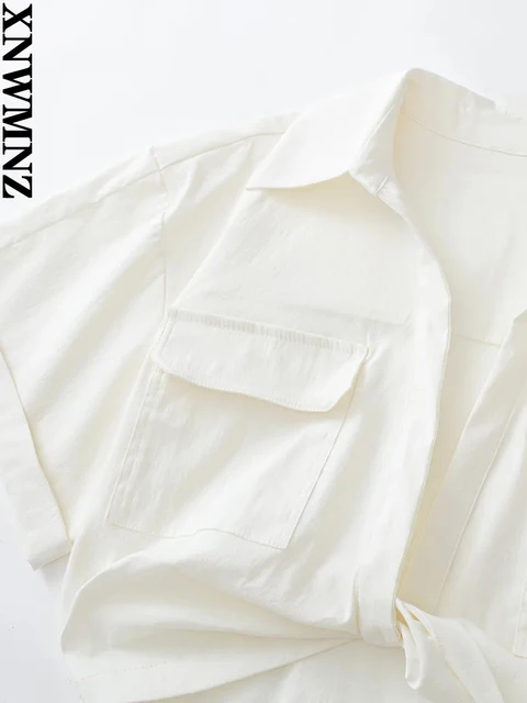 XNWMNZ 2022 Women Casual Fashion Pockets Elastic Linen Blend Cropped Shirt