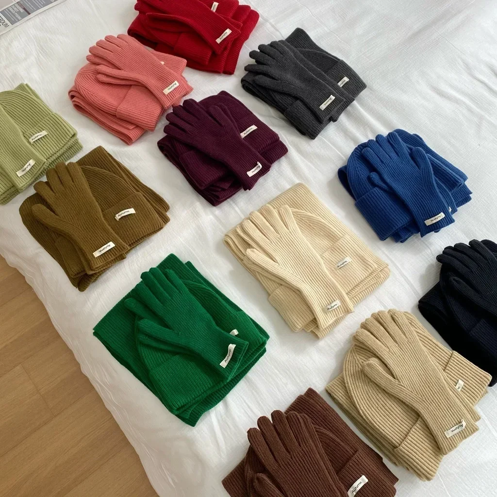 Women’s Knitted Hat Scarf Glove Set Solid Warm Autumn Winter 2026 - Image 2