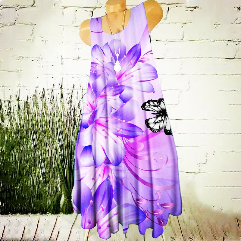 

Женское мини-платье с цветочным принтом и бабочкой, летнее пляжное повседневное короткое платье-трапеция без рукавов с круглым вырезом