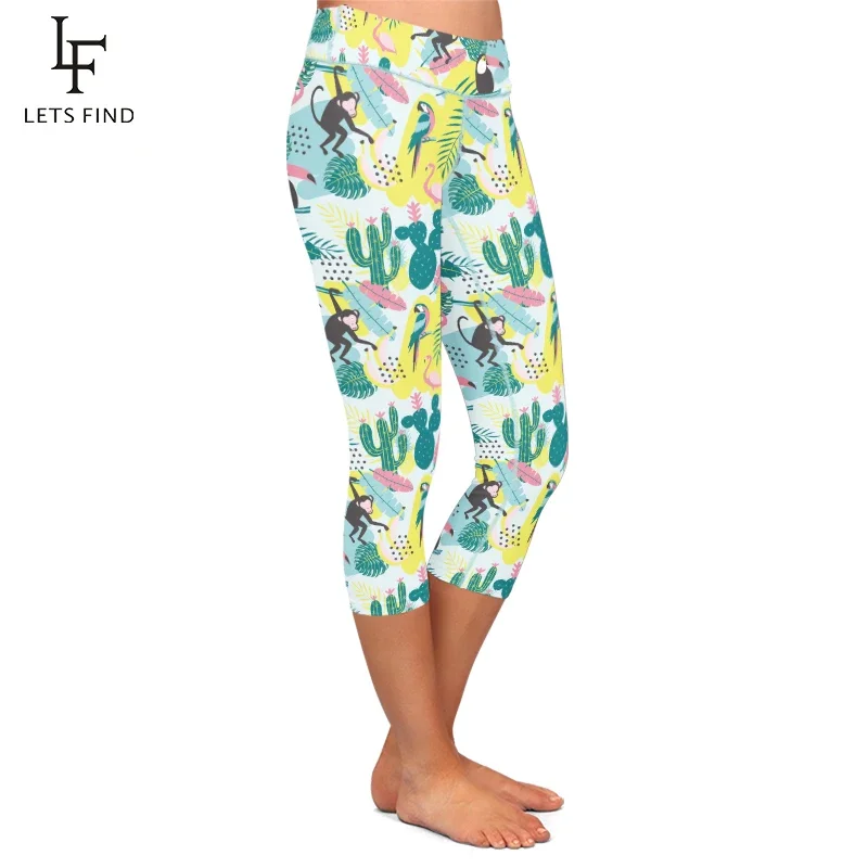 LETSFIND Women Elastic Capri Legging Animal Print Flamingos High Waist  Mid-Calf 3/4 Stretch Casual Leggings Fou Summer