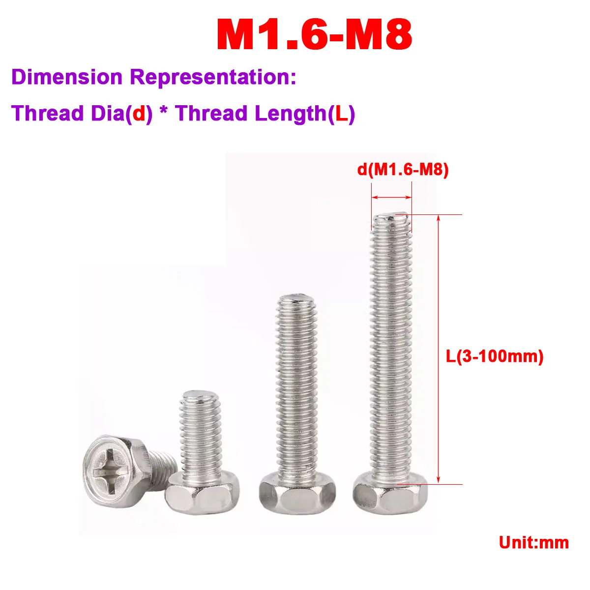 

304 Stainless Steel Cross Recessed External Hexagonal Screw Bolt M1.6M2M3M4M5