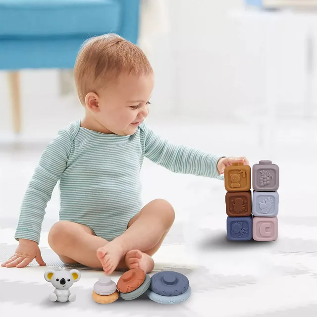 13pcs/set 2 in 1 Stacks of Circles And Blocks Baby Stacking and Nesting Soft Building Blocks Squeeze Toy, Teething Blocks Toy 6