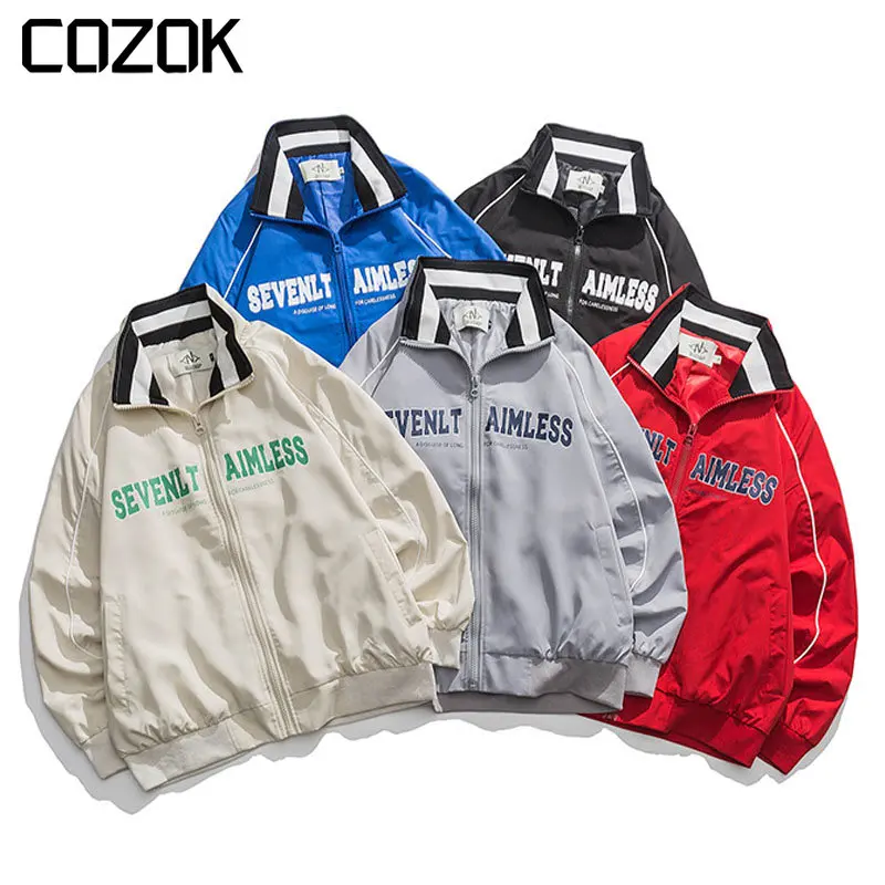 

Patchwork Stripe Varsity Jacket Men Women Spring Letter Printed Windbreaker Coats Fashion Loose Hip Hop Baseball Jackets