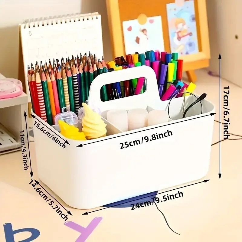 Plastic Storage Basket With Handle Desk Pencil Holder 5-space Stationery Organizer Pen Office Accessories Boxes Desktop School