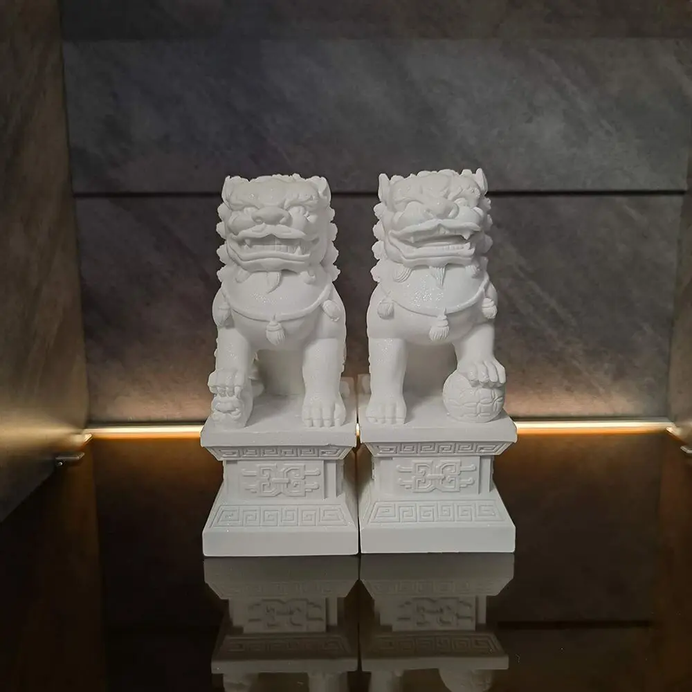 Pair of Peking Fu Foo Dogs Statues White Marble Jade Feng Shui Decor 11Cm/4.3In 6