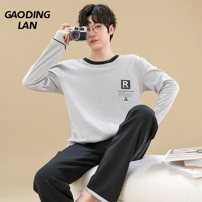 

Autumn Winter High Grade Pure Cotton Men Long Sleeve Pajamas Set Letter Print Home Sleepwear Pants 2piece Suit Male Pyjamas 2185