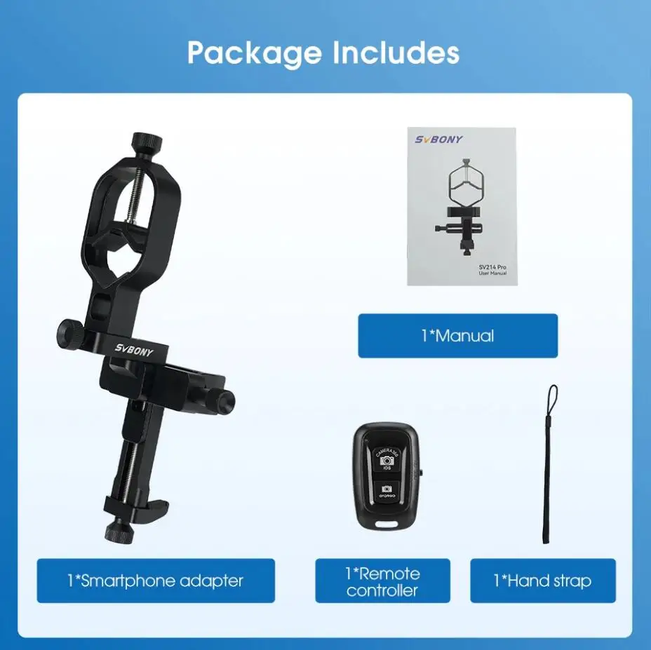

SVBONY SV214 Pro w/bluetooth 3-Axis Universal Smartphone Adapter 28mm-48mm/44mm-64mm Clamp Range for Telescope or Digiscoping