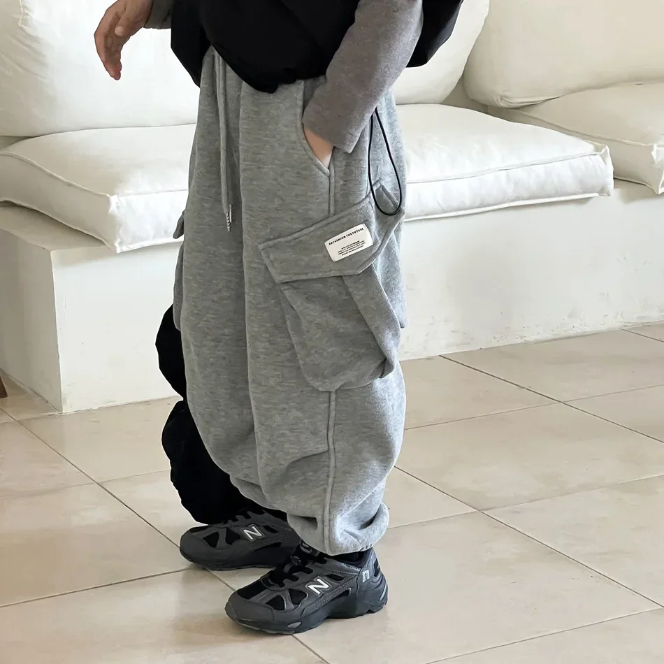 

kids clothing Boys and Girls Pants Loose Korean Style Fleece Sweatpants Handsome Solid Color Casual Simple Warm 2023 Overalls