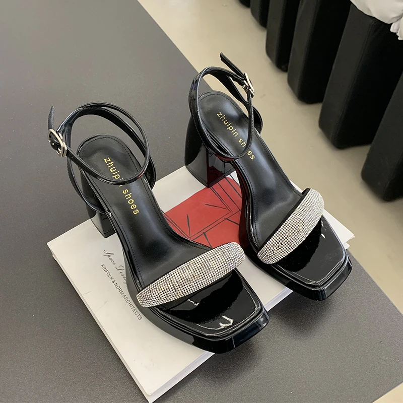 

Rivet Mary Janes Vintage Black Sandals Woman Buckle Non-Slip Casual High Heels Office Ladies Solid Elegant Heels Korean Summer