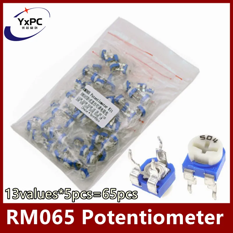 13values*5pcs=65pcs Trimming Potentiometer RM-065 top adjustment 100R-1M RM065 Variable Resistors Assorted Kit 100R 200R 1K 10K 13pcs 13values 3362 potentiometer 100r 1m 3362p multiturn trimming potentiometers kit 100 ohm 1m ohm