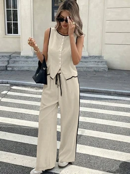 Marthaqiqi Summer Ladies Nightgowns Set O-Neck Sleepwear Tank Tops Pajamas Sleeveless Nightie Pants Cotton Female Nightwear Suit