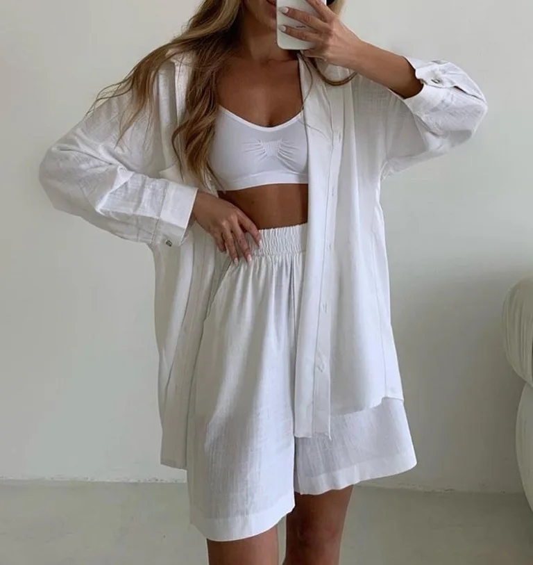 2024 Summer Women's Suit Shirt and Short Sets Solid Color Casual Cotton and Linen Blouse and Shorts Two Piece Sets Women Outfit