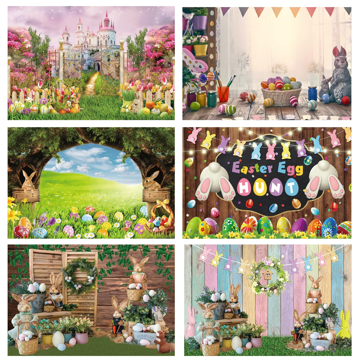 

Spring Easter Sunday Backdrop Rabbit Flowers Green Farm Grassland Easter Eggs Background Newborn Bunny Portrait Photography Prop