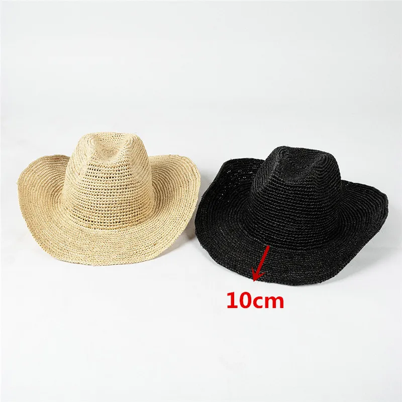 

202305-HH5278 chic dropshipping handmade raffia grass solid big brim fedoras cap men women panama jazz hat