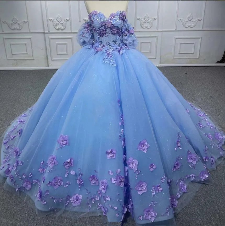 

Небесно-голубое 3D Цветочное платье принцессы Quinceanera с открытыми плечами часовник со шлейфом Аппликация vestido de noiva синий светло-голубой