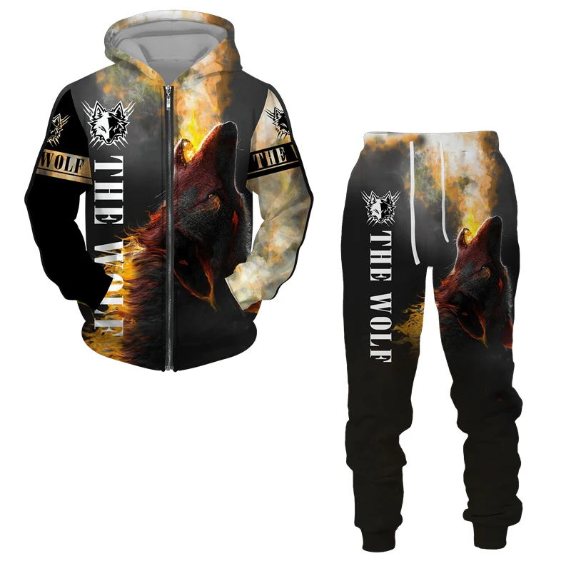 Zipper Men's Hoodie Pants Sets Wolf 3D Print Golf Y2k Tracksuit Casual Oversized Fashion Sweatshirts Clothes For Men Clothing
