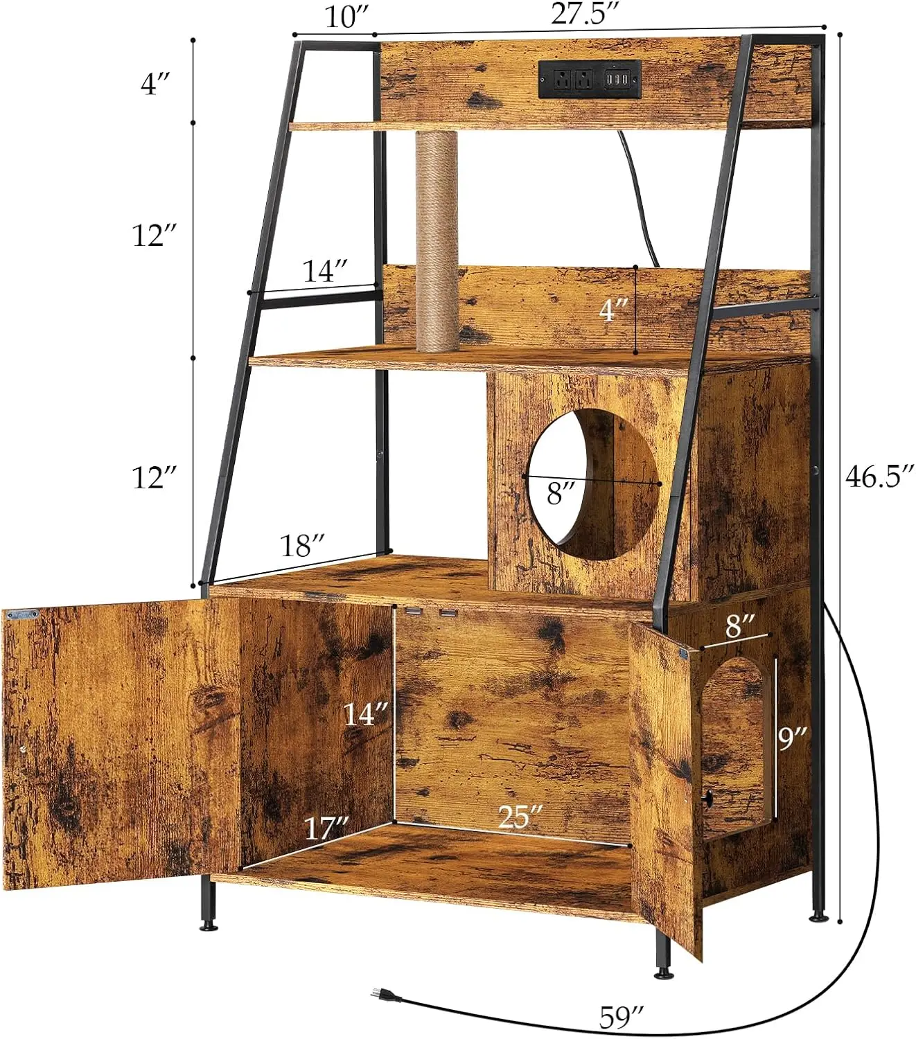 Cat Litter Box Enclosure with 2 Storage Shelves Enclosure Furniture with Charging Station Cat Washroom Cat Tree Tower