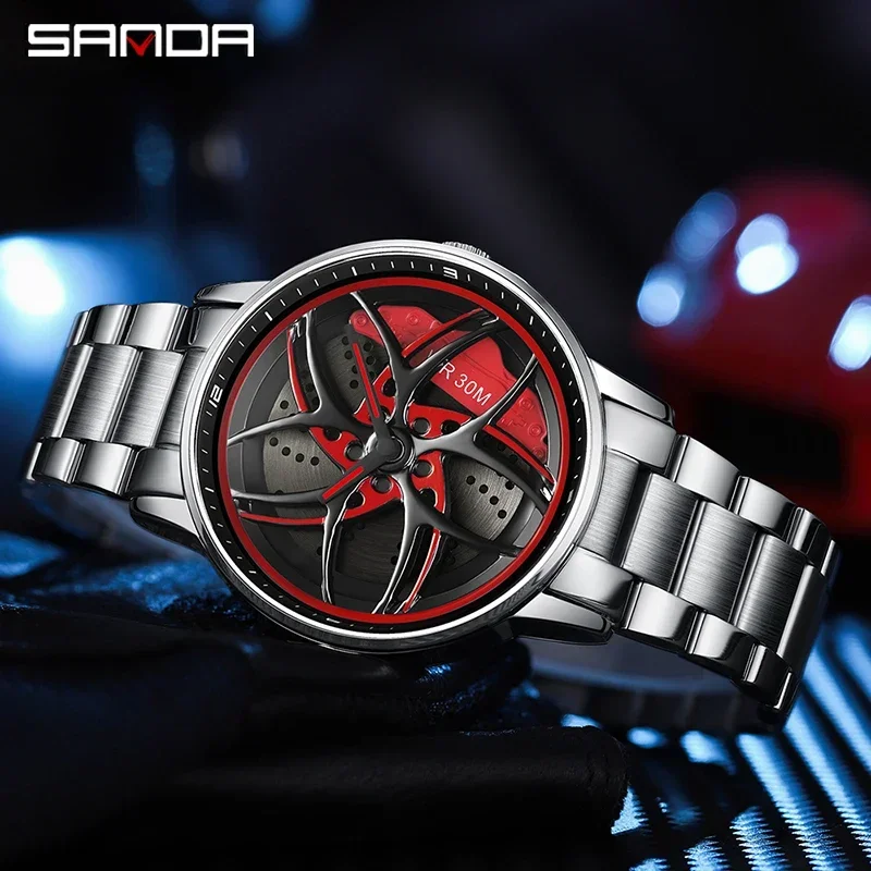 

Hot Sell Mens Watch Sports 360 Rotating Car Wheel Dial Watches Men Waterproof Stainless Steel Men Quartz Wristwatch Relogio