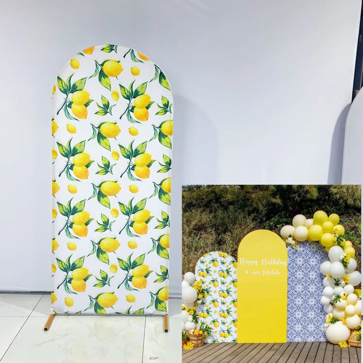 

Yellow Lemon Print Theme Arch Backdrop Covers for Parties, Arched Panels Wedding Birthday and Baby Shower Party Decoration Props
