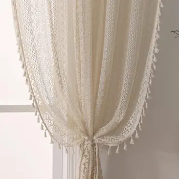 Tende Boho in pizzo all'uncinetto, nappe fatte a mano lavorate a maglia cava bohémien semitrasparente, tende da fattoria rustiche vintage con tasca per asta 1