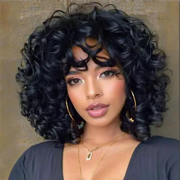 Short Hair Deep Curly Wigs With Bangs For Black Women Fluffy Synthetic African Ombre Brown Blonde Natural Fiber Hair Curly Wigs