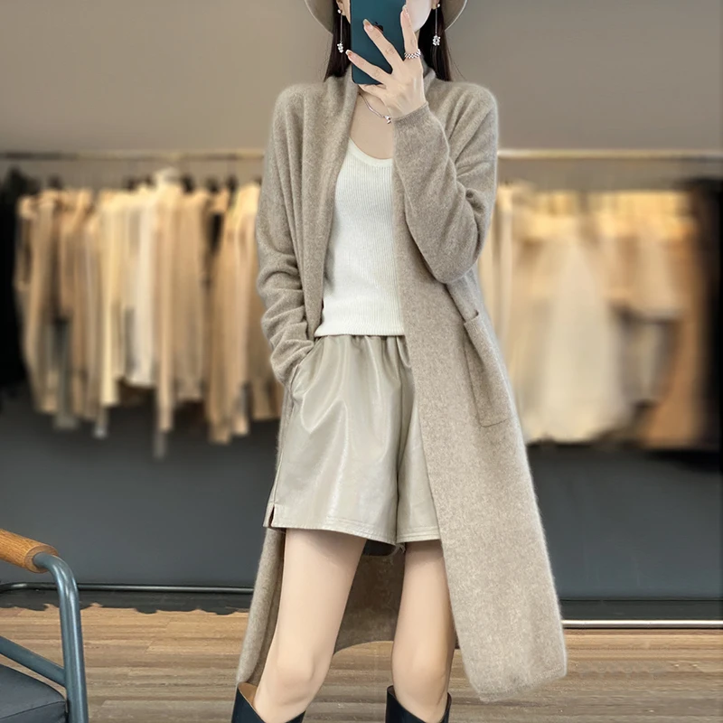 

FRSEUCAG New Women's Cardigan 100% Wool Long Sweater Trend Fashion Knitted V-neck Long Sleeve Women's Pure Wool Coat Sweater