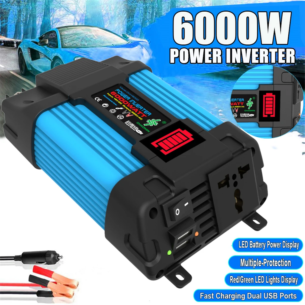 Car Inverter New 4000W/6000W 12V To 110V/220V Solar Inverter Portable Converter LED Display Screen Car Solar System