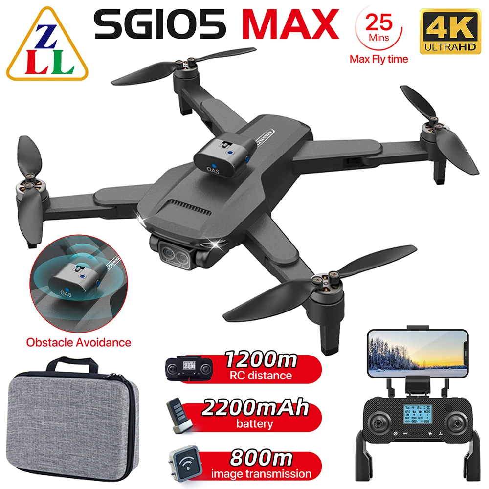 ZLL SG105 Max RC 드론, 4K HD 듀얼 카메라, FPV 4 축 접이식 쿼드콥터, 와이파이 GPS, RC 거리 1200m, 장애물 회피 장난감