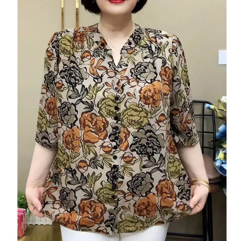 Fashion Commute Summer Blouses Natural Scenery Printed Geometric Button V-neck Half Sleeve Elegant Loose Middle Aged Women Shirt