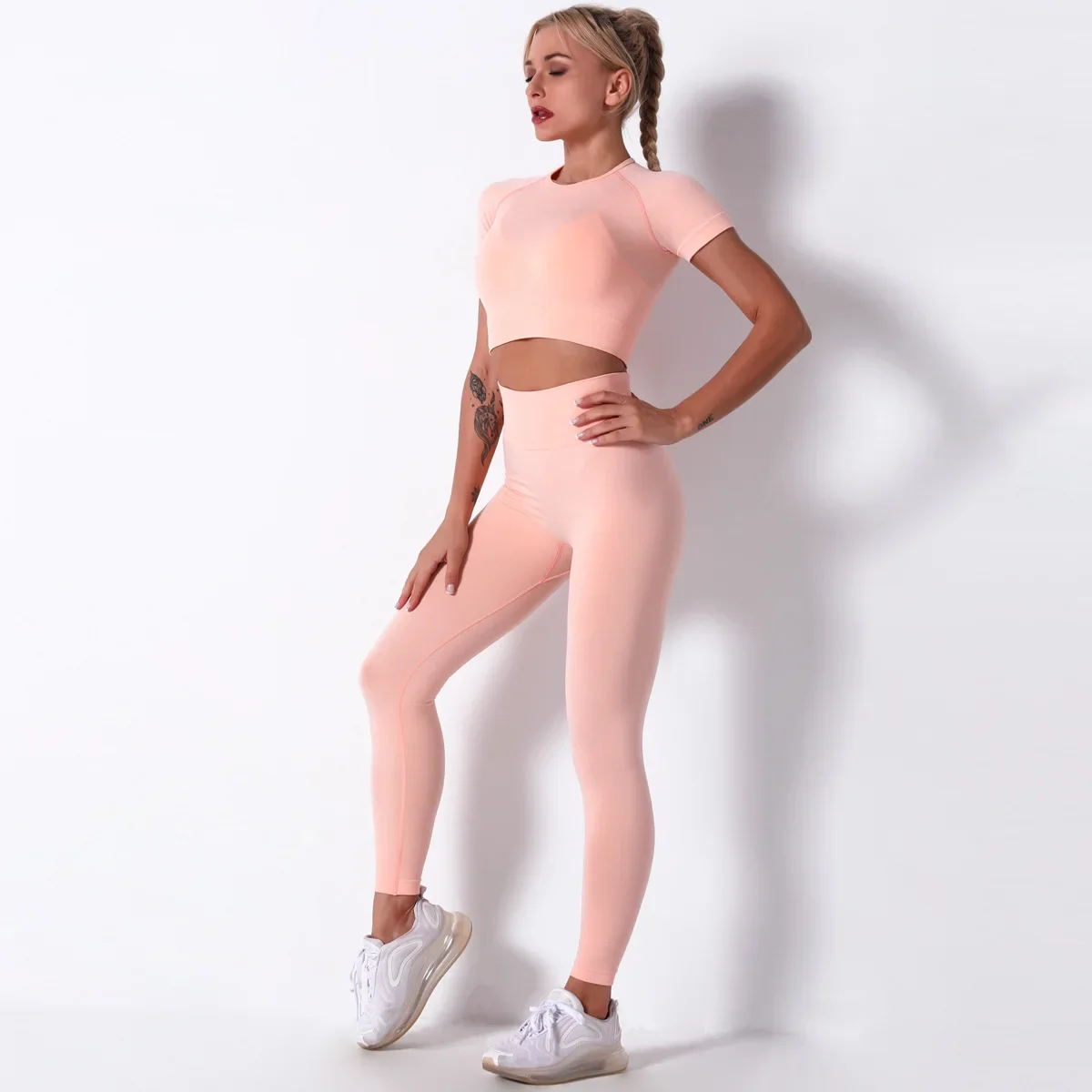 

Seamless Yoga Sets Sports Fitness High Waist Hip-Lifting Trousers Short Sleeve Suits Workout Clothes Gym Leggings Sets for Women