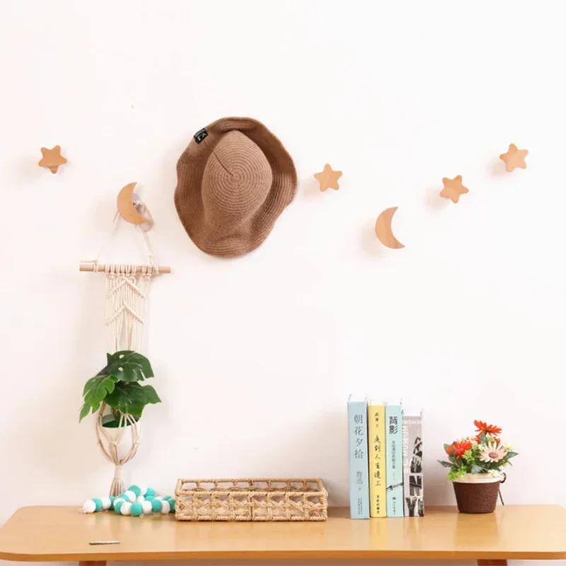 Creative Star Moon Wooden Hook Drawer Handle Non Perforated Adhesive Wall Hook for Bedroom Home Entrance Hat 5