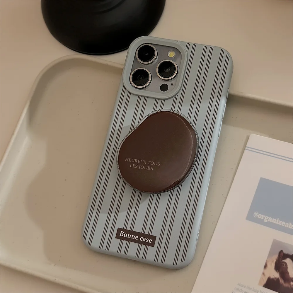Vintage Blue Phone Case with Brown Vertical Stripes and Coffee Bean Holder