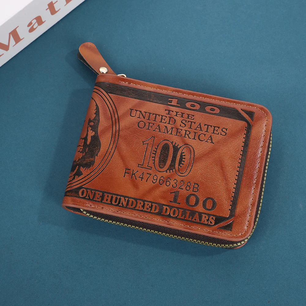 Retro Men's Short Wallet Ultra-Light Zipper Coin Purse Us Dollar Printed Wallet Portable Coin Purse Money Pouch