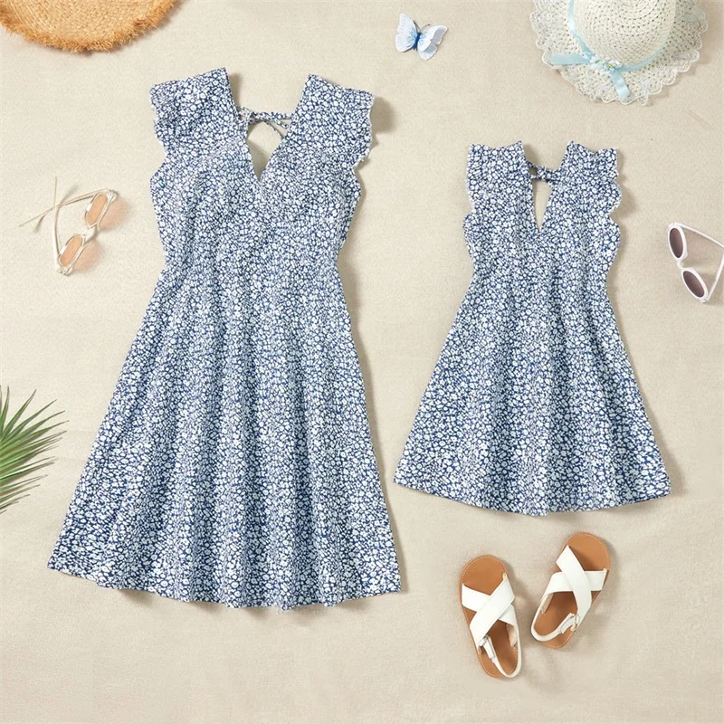 white christmas dresses Matching Mom & Me Cotton Dress Eyelet Smocked Dresses with Ruffled Str main image 1