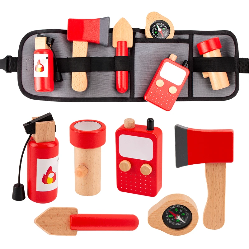 Children's Wooden Firefighter Tool Belt Pretend Play Set - Educational Role Play Toy