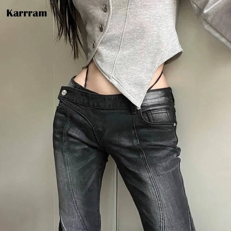 

Karrram Vintage Distressed Low Waist Jeans Grunge Asymmetrical Waist Denim Pant Korean Fashion Black Flare Jeans Kpop Streetwear