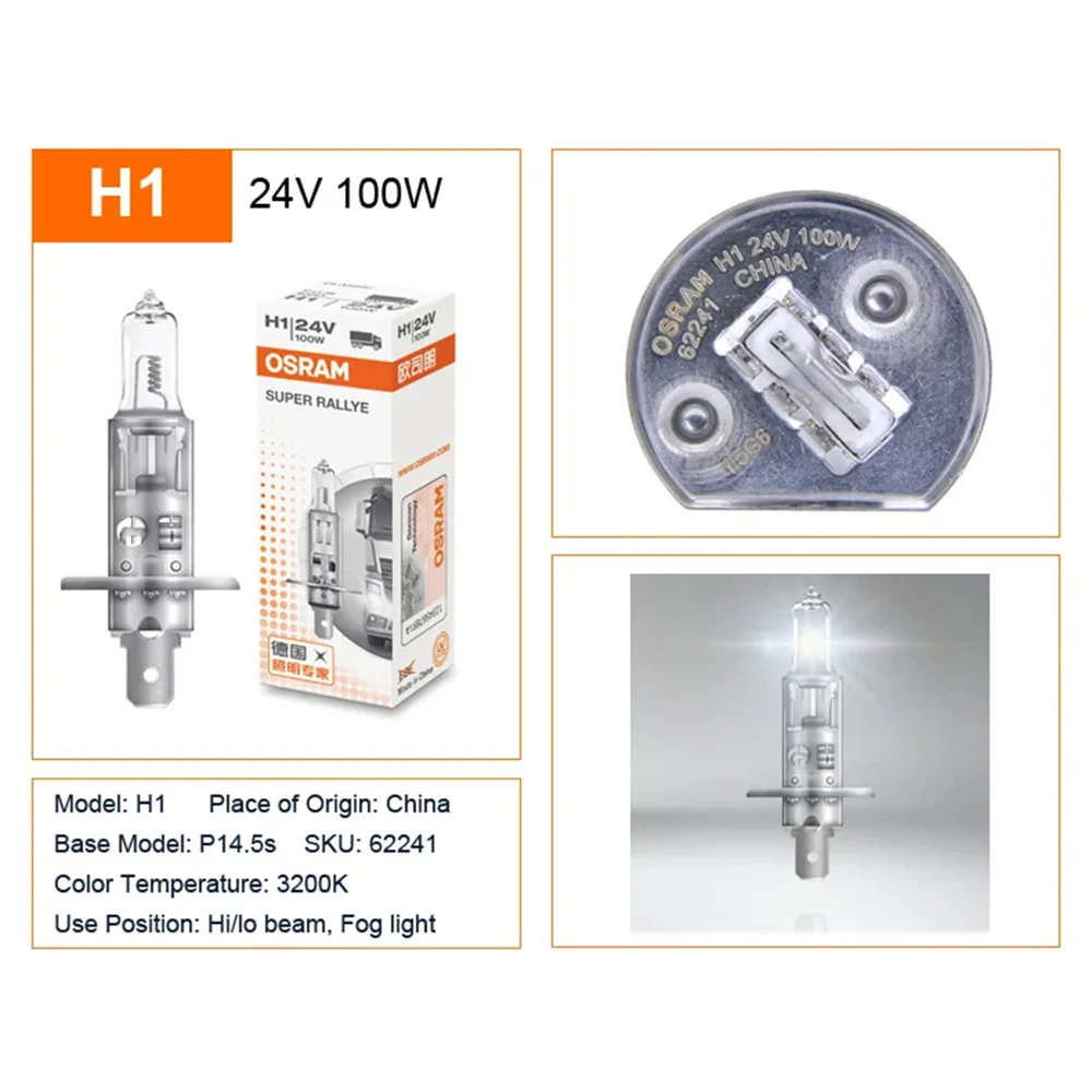 OSRAM SUPER RALLYE H1 62241 P14.5s Truck Original Headlight Standard Lamp 24V 100W 3200K Fog Light Halogen High Power Bulb 2