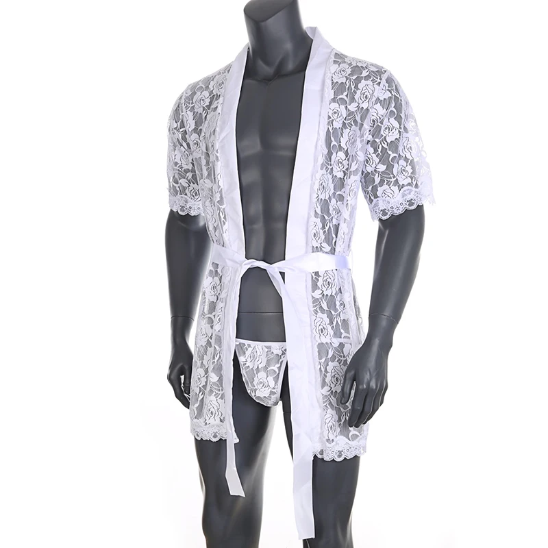 Men's Sexy Short Ssee-Through Porno Lace Bathrobe Transparent Sex Erotic BDSM Pajamas Thong Hot Suit Home Wear Clothing
