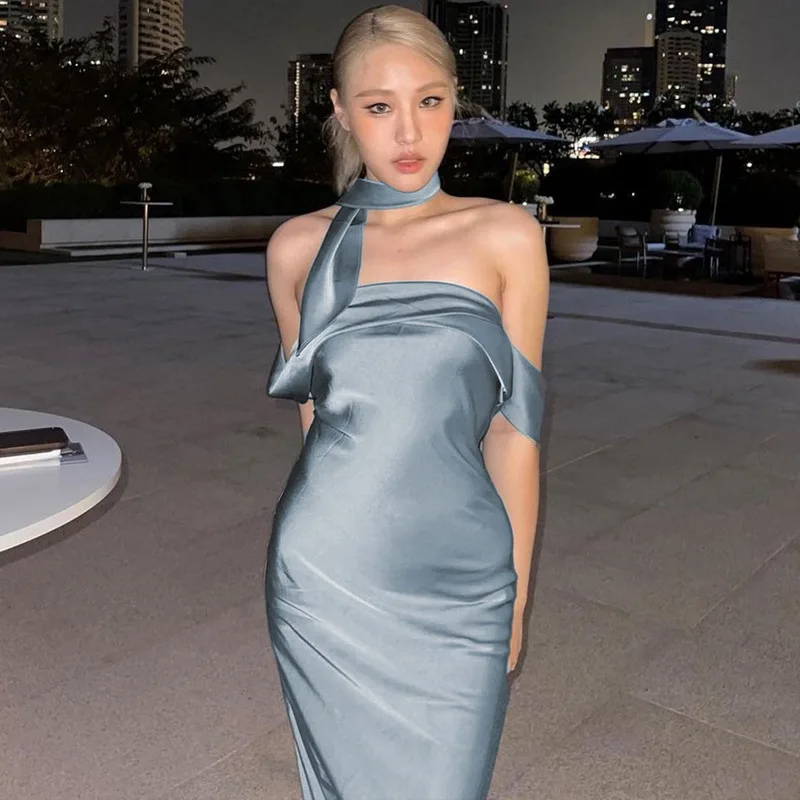 Elegante vestido largo sin espalda para mujer, ajustado, a la moda, con hombros descubiertos, vestido de fiesta de noche con cremallera, vestido de fiesta liso 2025