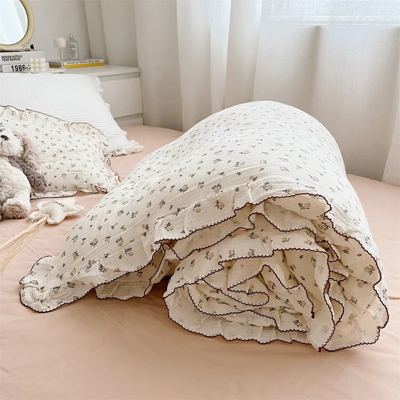 INS Princess Ruffle Edge Gauze 100% Cotton Pillow Case Breathable Duvet Cover Without Filler 3PCS Floral Home Bedding Set 3