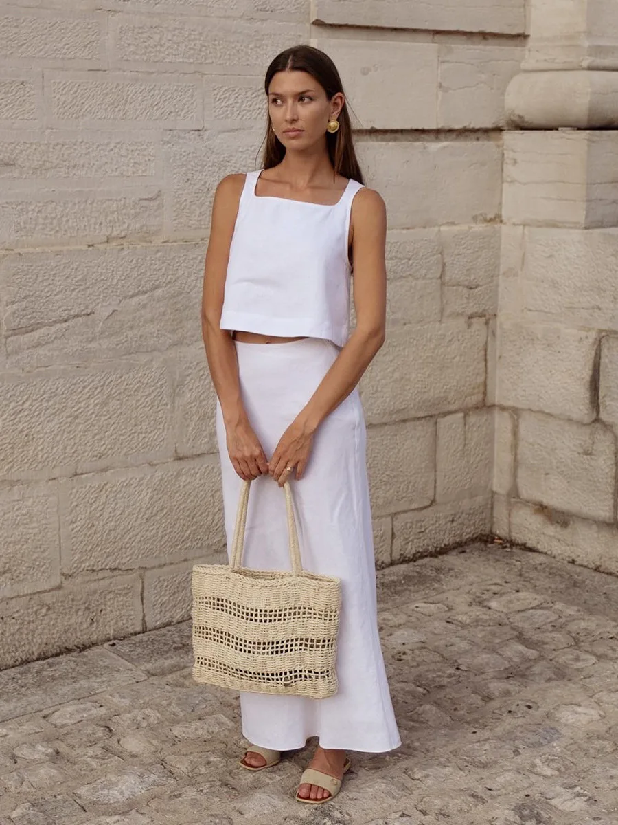 Bornladies Summer New Cotton Linen Half Skirt Set Women's Square Neck Chic Short Vest Casual 2-Piece Set Split Long Skirt Suits