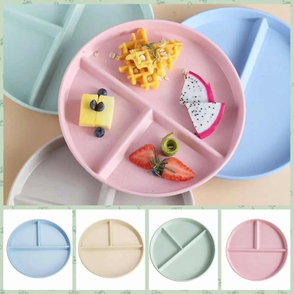 Kitchen Dinnerware Wheat Straw Round Divided Plate 3 Grids Anti-fall Food Tray Reusable Compartment Plate Breakfast