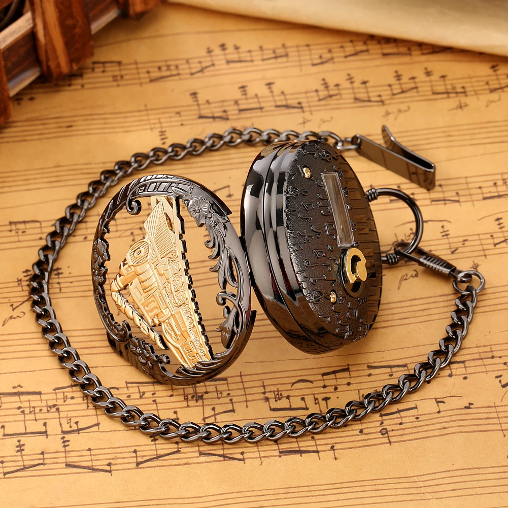 Premium Handicraft Melody Music Luxury Quartz Pocket Watch Steampunk Hollow Musical Clock with Pocket Chain Gift for Boys Girls
