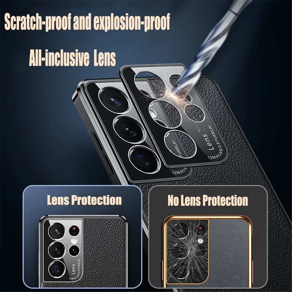 Luxury Plating Genuine Leather Cover For Samsung Galaxy S22 Ultra S21 Plus 5G Case With Camera Protection Phone Case Coque Funda galaxy s22 ultra flip case