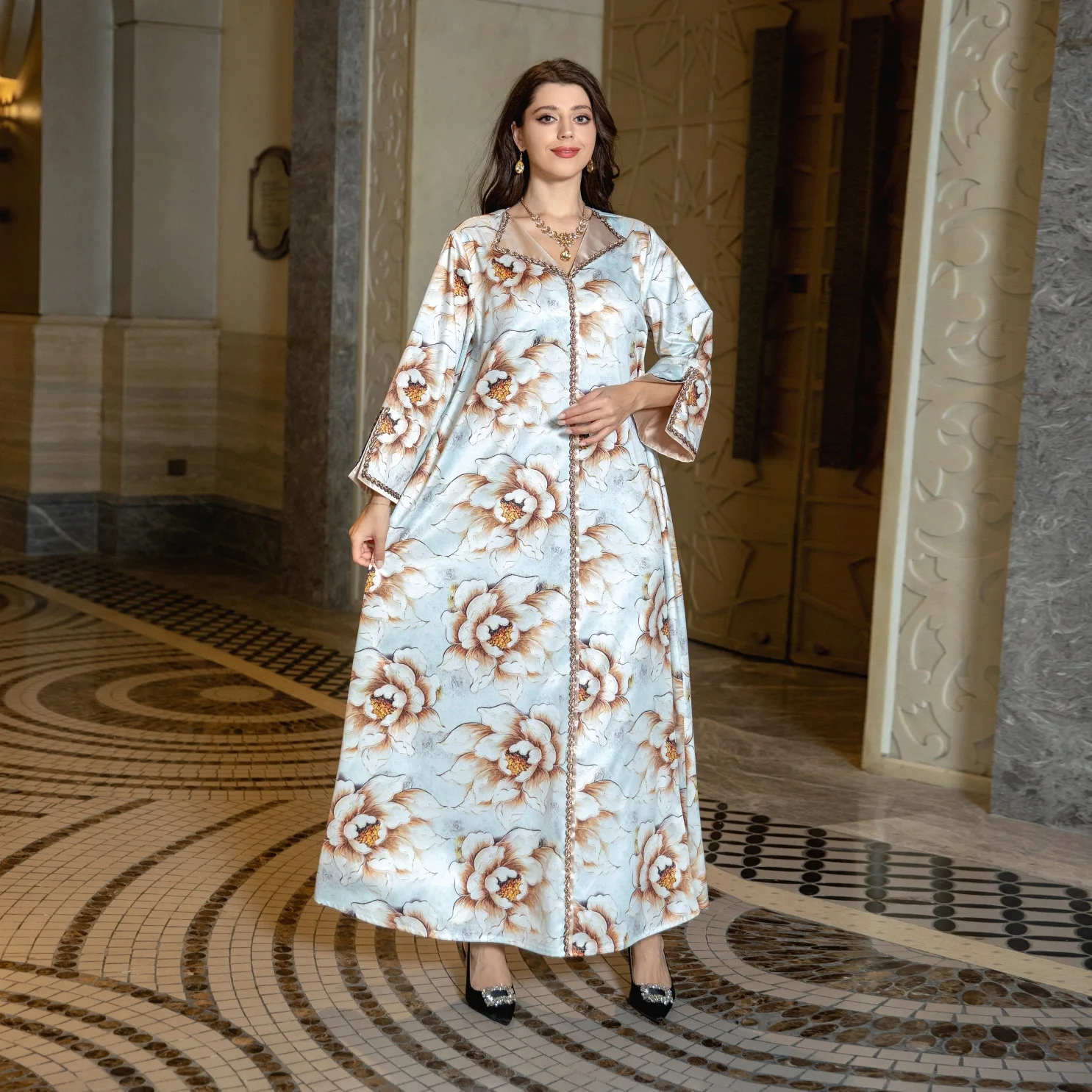 

Eid Lapel Women Abaya Diamonds V-Neck Long Dress Jalabiya Split Sleeves Robe Ramadan Muslim Floral Print Caftan Party Vestidos