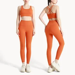 Summer 2-Piece Women's Athletic Yoga Outfit - Cross-Back Sports Bra & Leggings Set - S (Hermes Orange)
