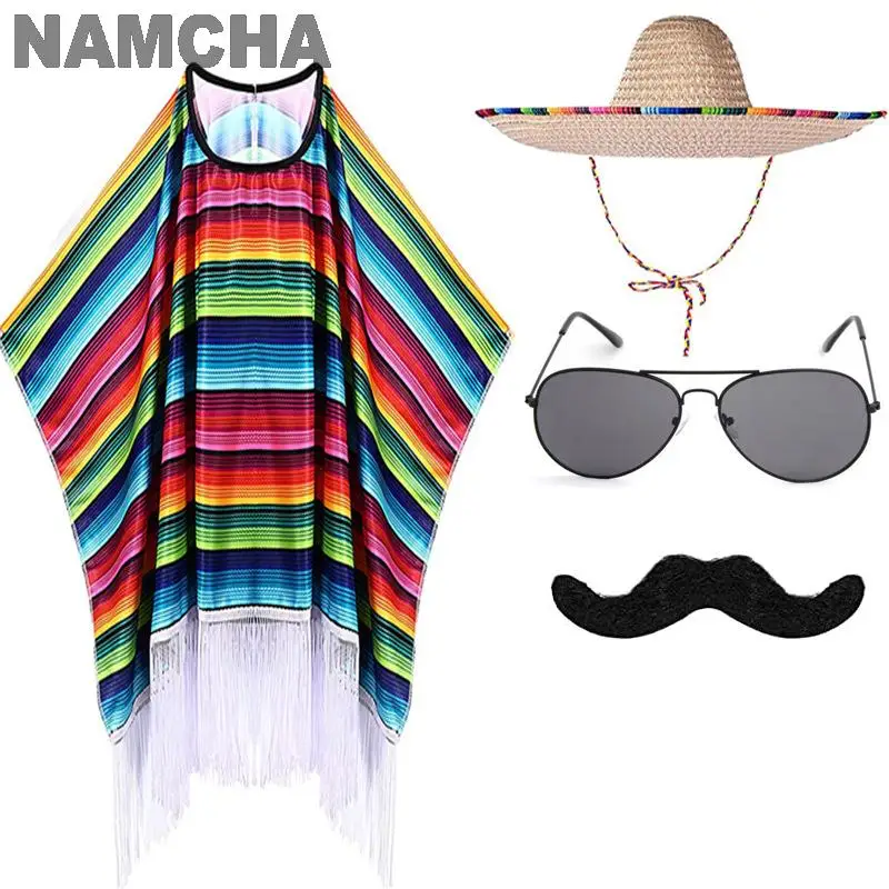 

Men Mexican Cloak Set Colourful Stripes Shawl Hat Sunglasses Moustache Cigar Sand Hammer Cosplay Adult Kids Cape Carnival Outfit