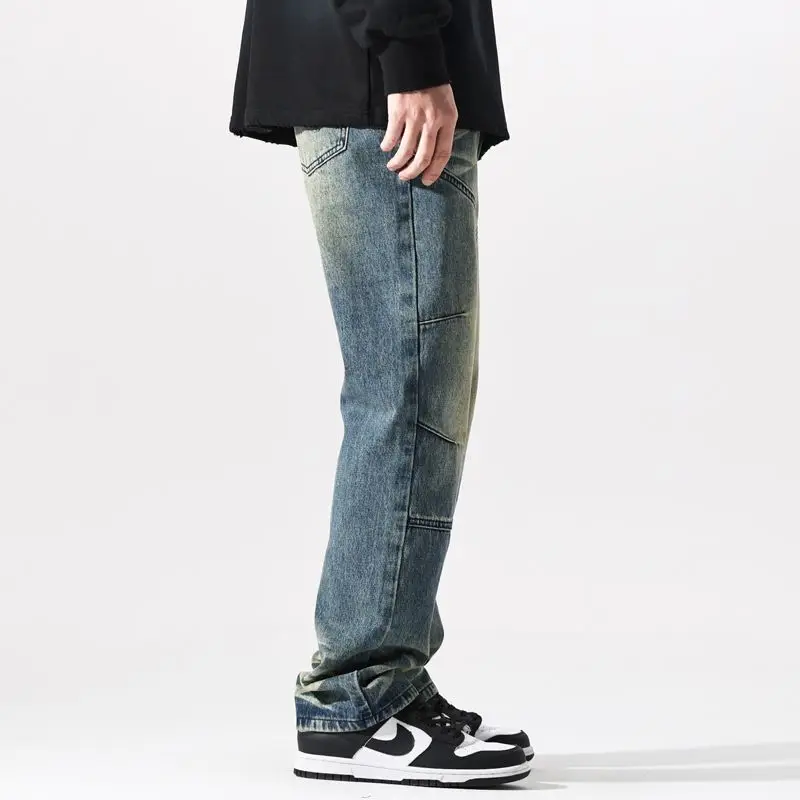 Spring and autumn vintage Distress washed mini flare jeans for men's American high street loose straight leg spring pants