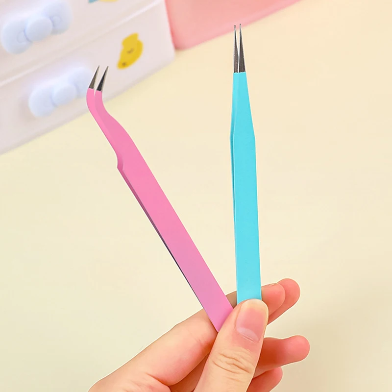 Stainless Steel Straight + Curved Colored Tweezers for Nail Art Sticker Rhinestones Picking Tool Makeup Eyelash DIY Tweezer Tool