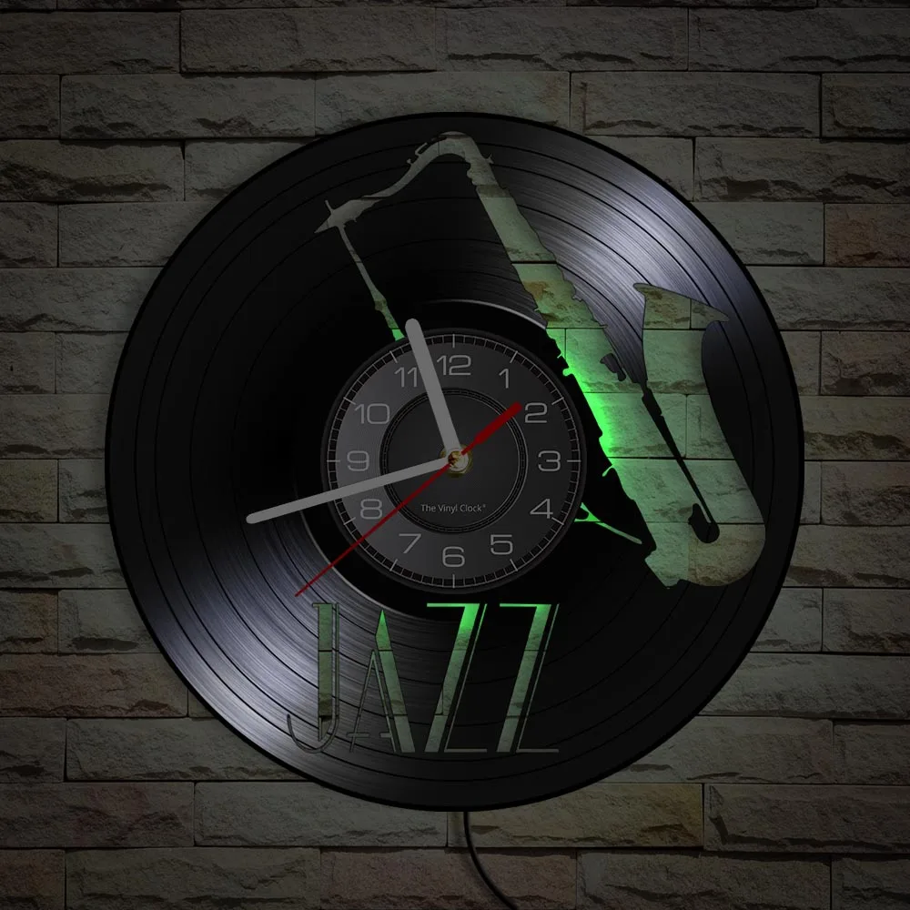 Jazz Musical Instrument Vinyl Record Wall Clock Musical Arts Saxophone Carved Album Music Record Clock Music Room Longplay Decor 6
